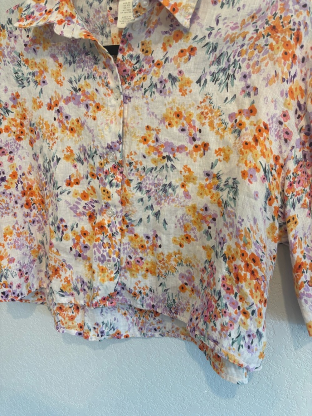 H&M Linen Floral Crop Button Up Blouse XS Multicolor Short Sleeve - Picture 5 of 10